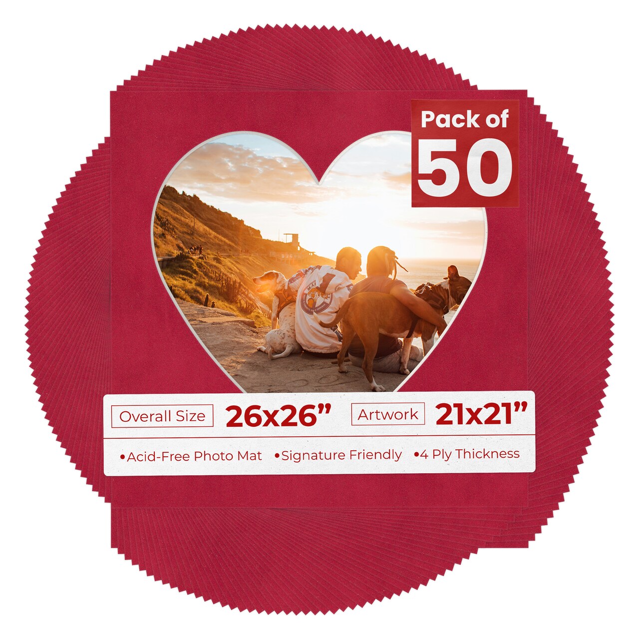 Red Suede Mat Board for 26x26 Frames - Heart Opening for 21x21 Photos